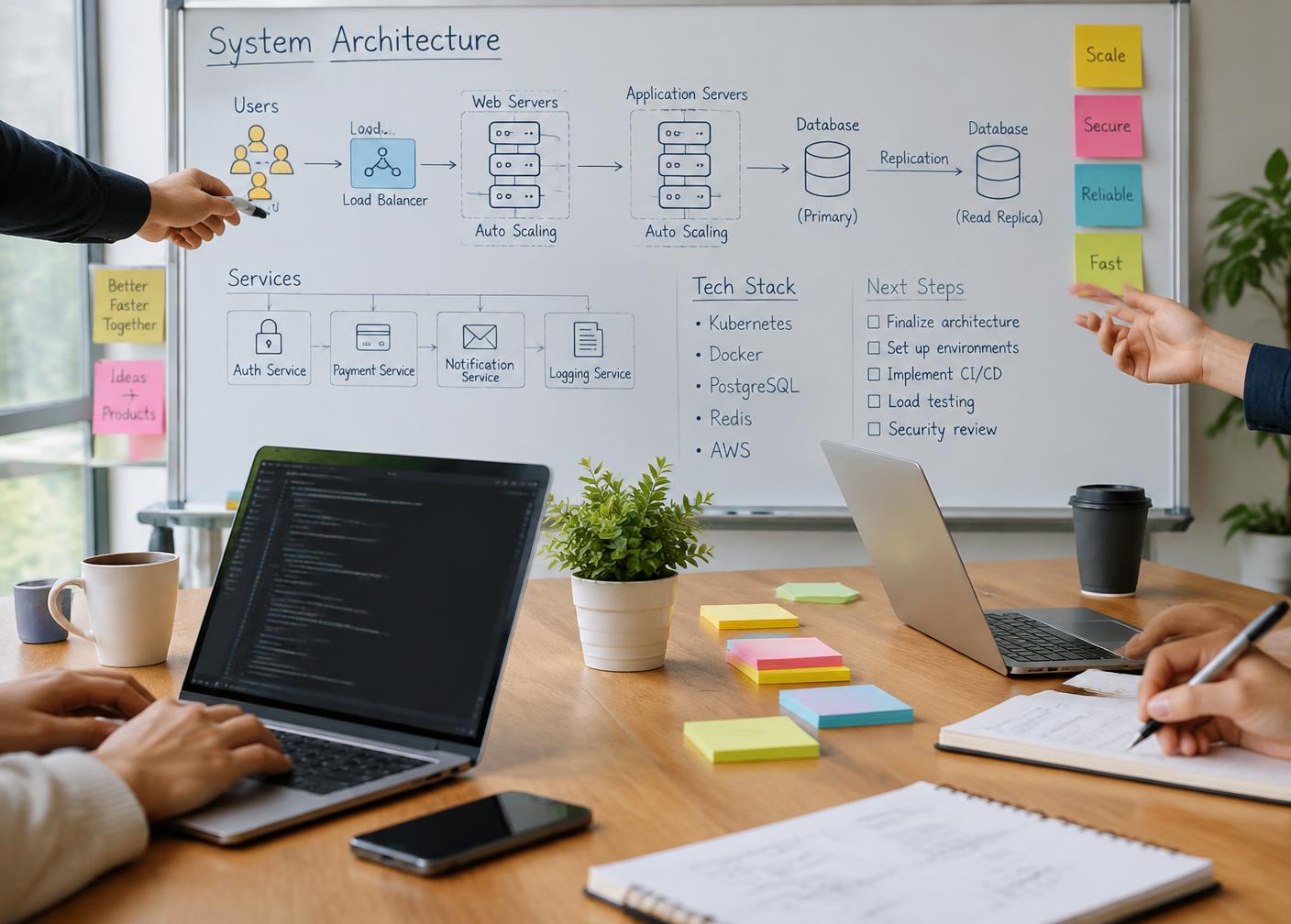 Team planning session with an architecture diagram on a whiteboard (illustrative)